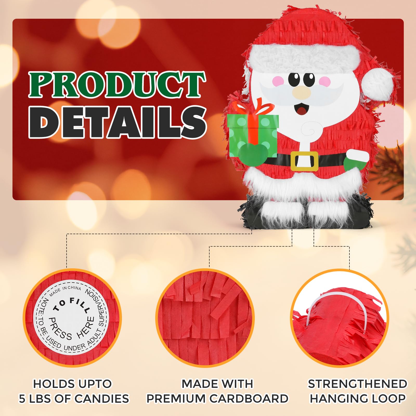 Birchio Christmas Santa Pinata filling port demonstrates easy stuffing up to five pounds