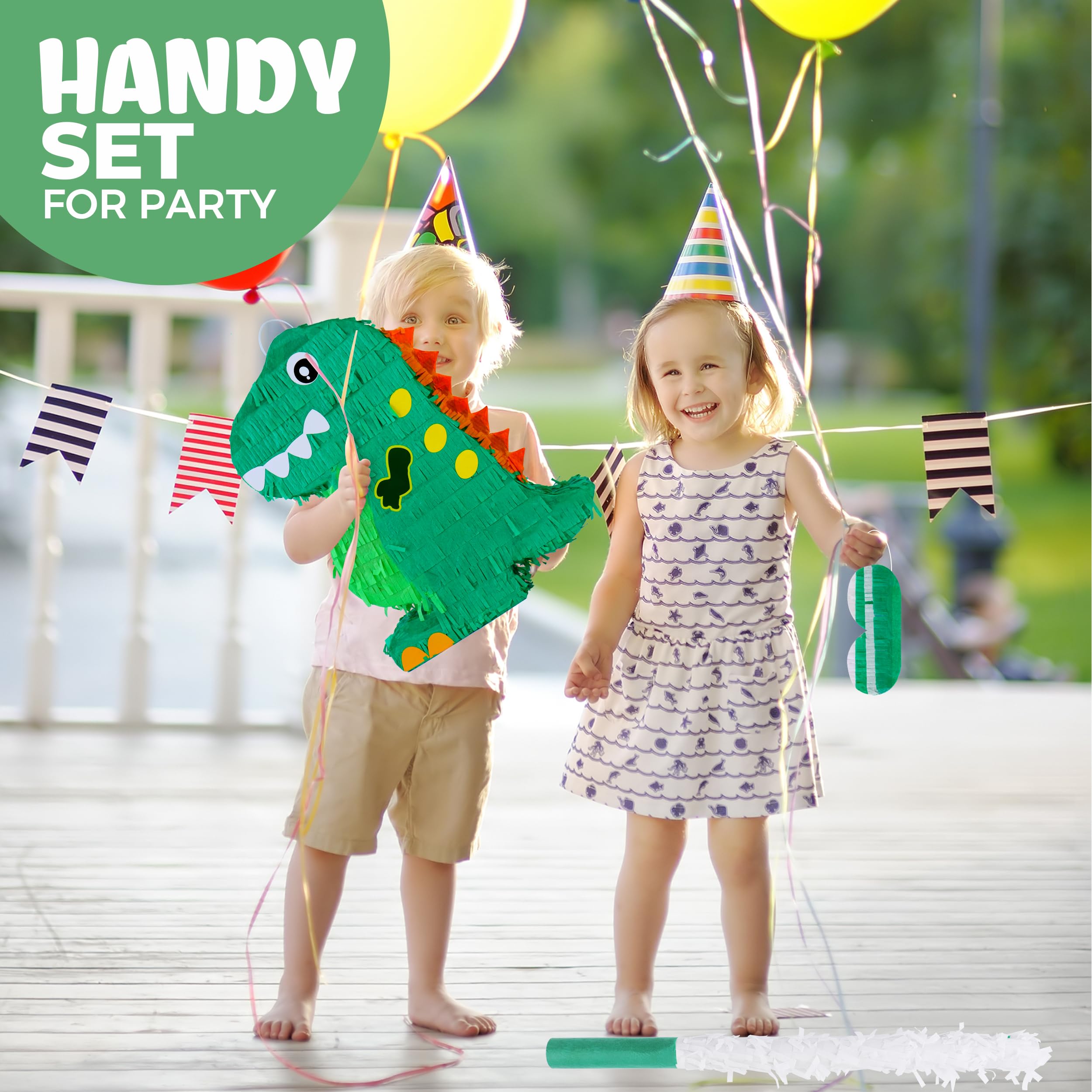 Birchio Dinosaur Pinata with vibrant crepe paper decoration.