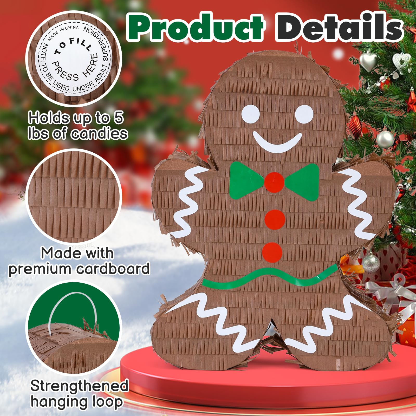 Birchio Gingerbread Man Pinata crepe-paper detail on festive surface