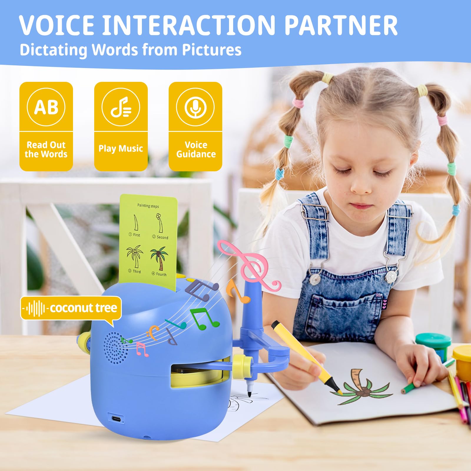 Birpuo drawing robot with voice prompts guiding children through drawing activities