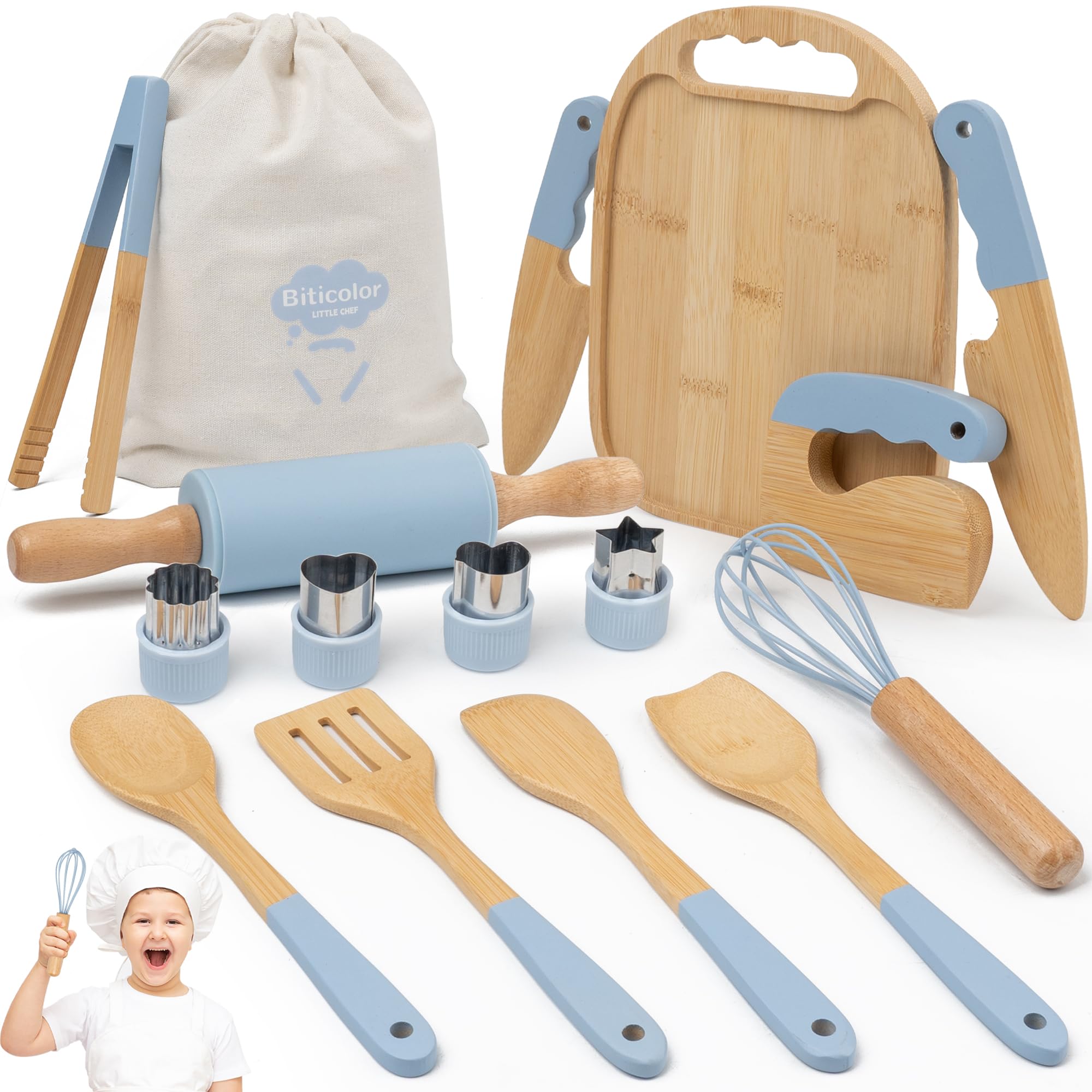 Biticolor wooden kids cooking set with blue tools laid out for pretend play