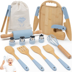 Biticolor wooden kids cooking set with blue tools laid out for pretend play