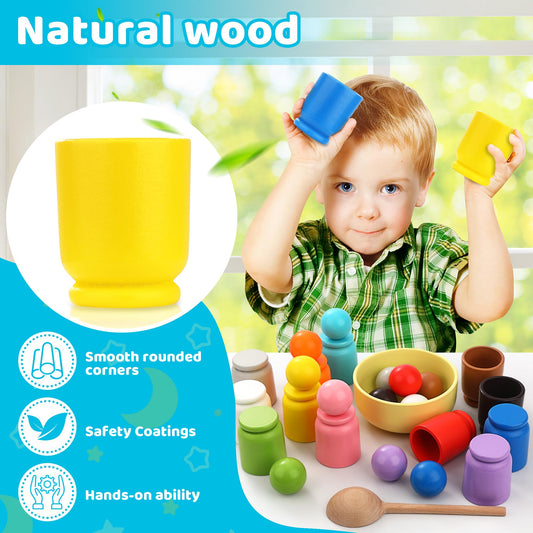 Biticolor wooden rainbow cups for color matching and motor practice.