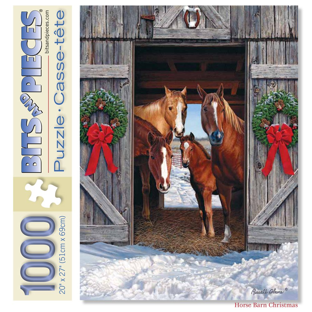 Bits and Pieces horse barn Christmas puzzle shows a cozy winter scene for relaxing evenings at home.
