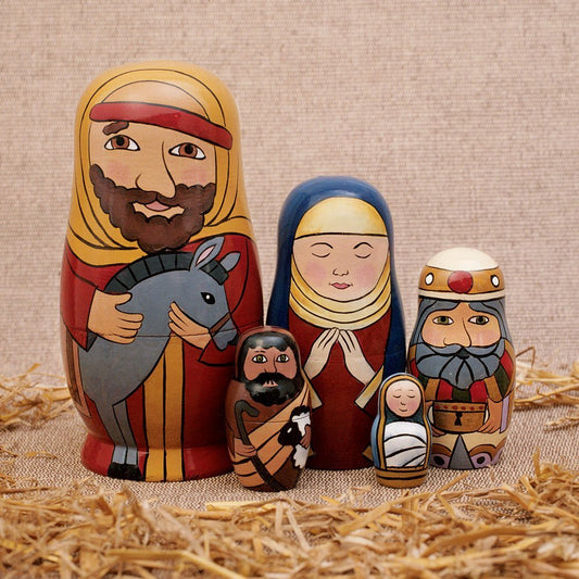 Bits and Pieces Mary with donkey sits in Nativity nesting doll