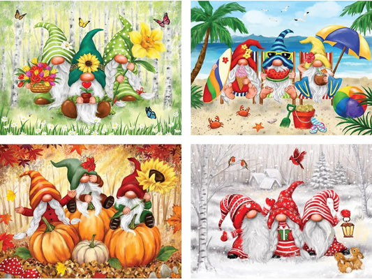 Bits and Pieces Playful Gnomes puzzle box showing a 4-in-1 300-piece bundle for relaxed evenings.
