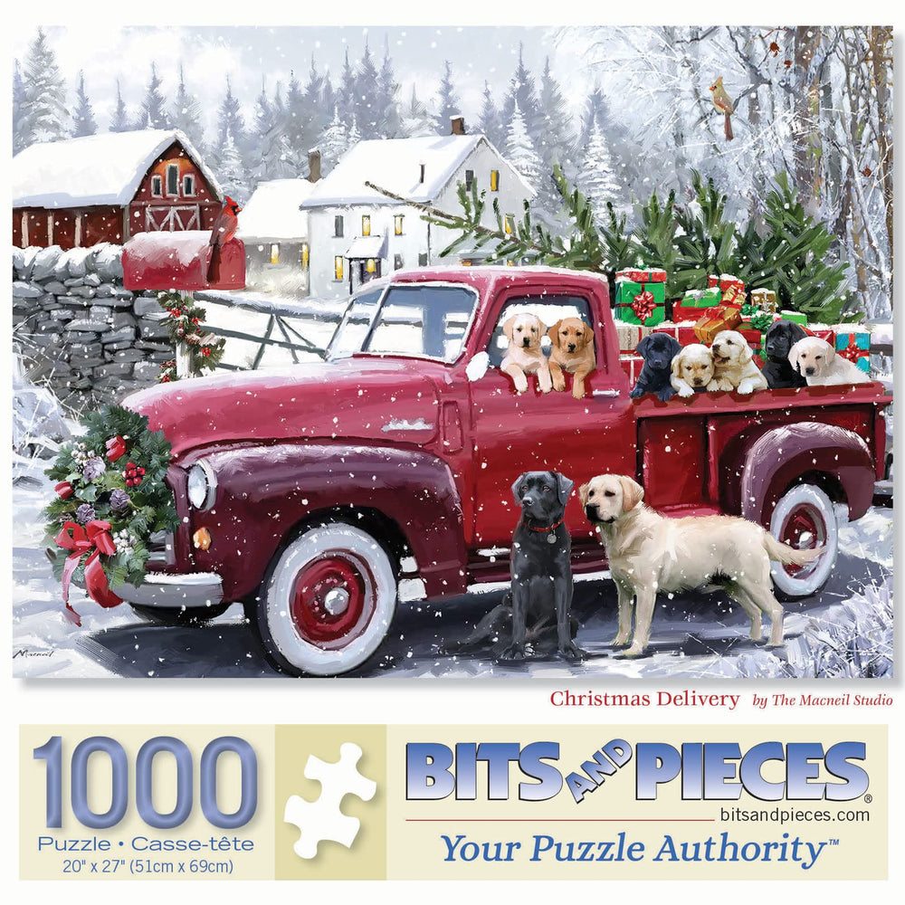 Bits and Pieces red truck presents dogs puzzle ideal for cozy family evenings