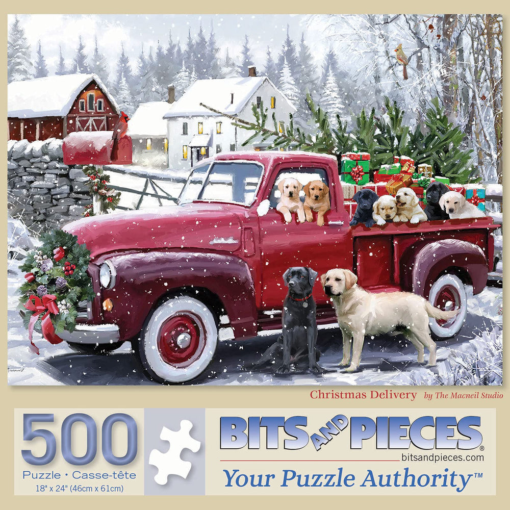 Bits and Pieces red truck puzzle with presents and puppies for family time