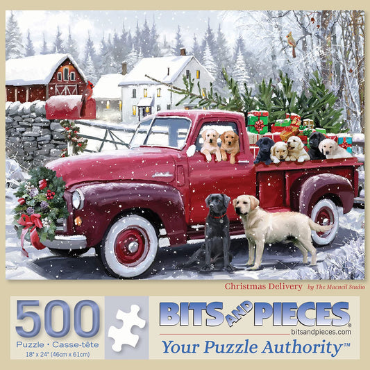 Bits and Pieces red truck puzzle with presents and puppies for family time
