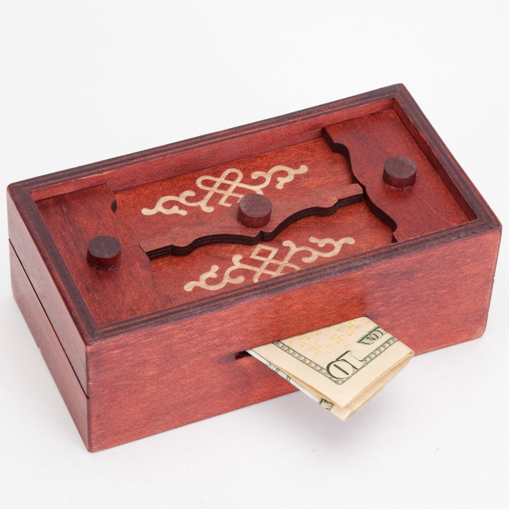 Bits and Pieces Secret Money Puzzle Box in closed wooden case for discreet storage