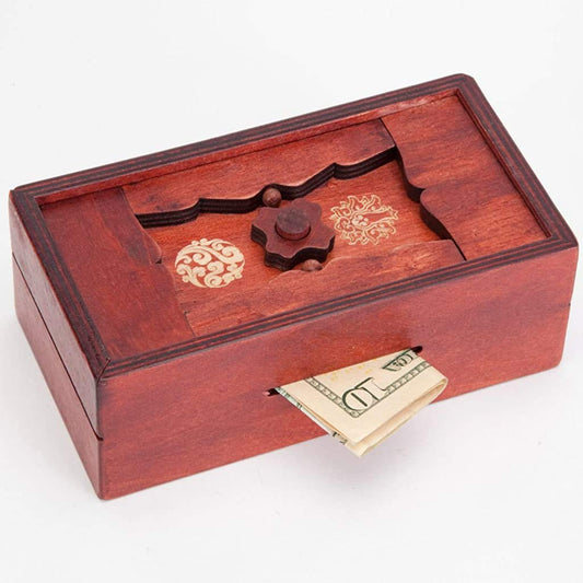 Bits and Pieces Secret Money Puzzle Box closed, concealing cash in a stylish wooden container