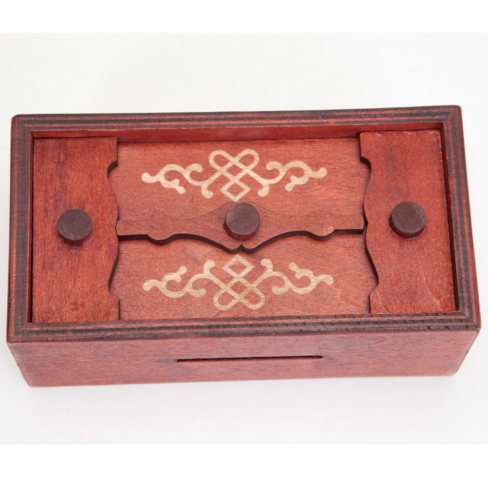 Bits and Pieces Secret Money Puzzle Box shows walnut-stained pinewood finish for quality appeal