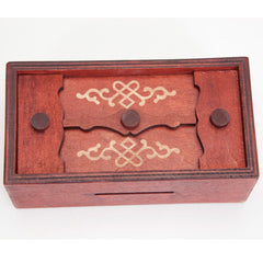Bits and Pieces Secret Money Puzzle Box shows walnut-stained pinewood finish for quality appeal