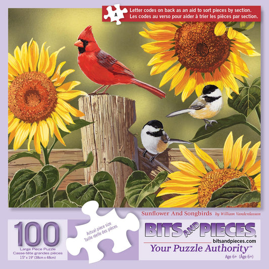 Bits and Pieces sunflowers and songbirds puzzle front view for mindful relaxation