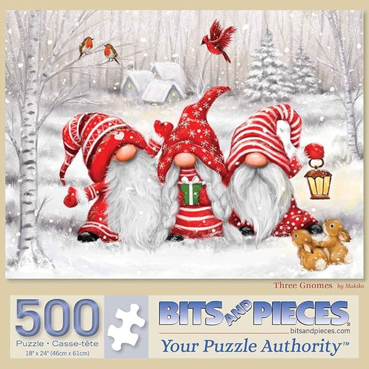Bits and Pieces three gnomes Christmas puzzle cover showcases festive design, ideal for cozy evenings.
