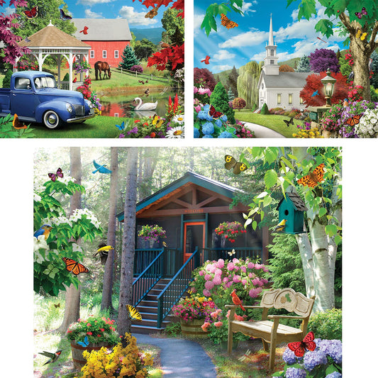 Bits and Pieces three-puzzle set featuring Alan Giana artwork, perfect for family puzzle nights.