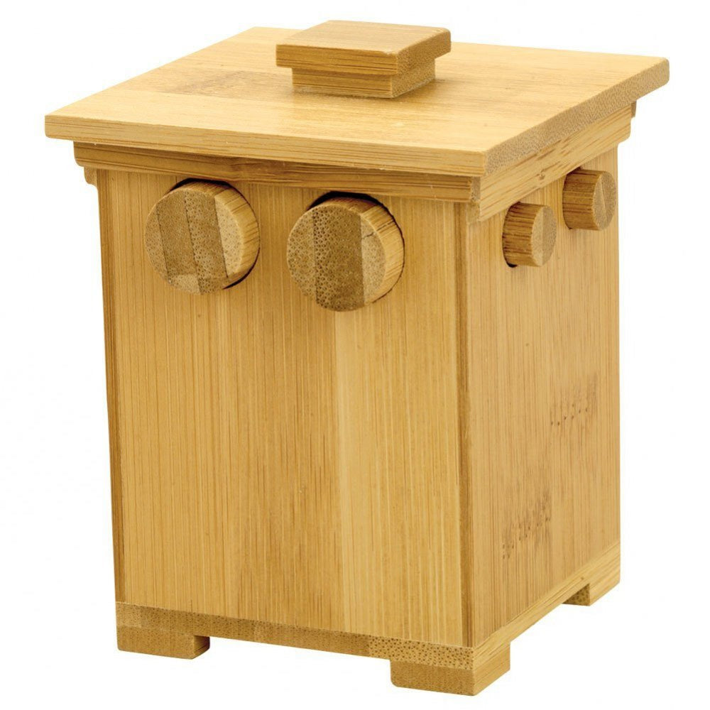 Bits and Pieces wooden puzzle box with bamboo tower design for curiosity and storage.