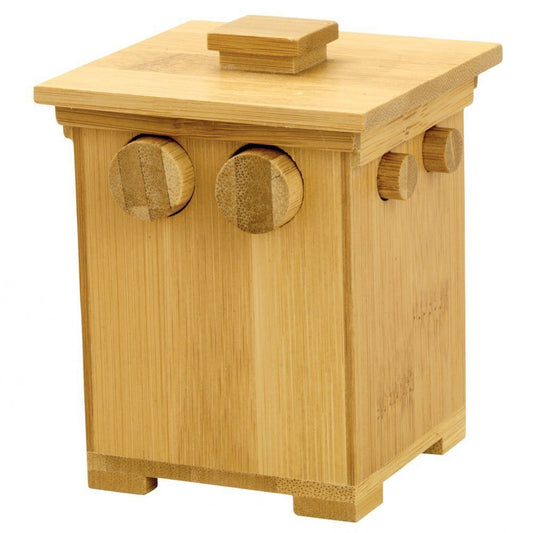 Bits and Pieces wooden puzzle box with bamboo tower design for curiosity and storage.