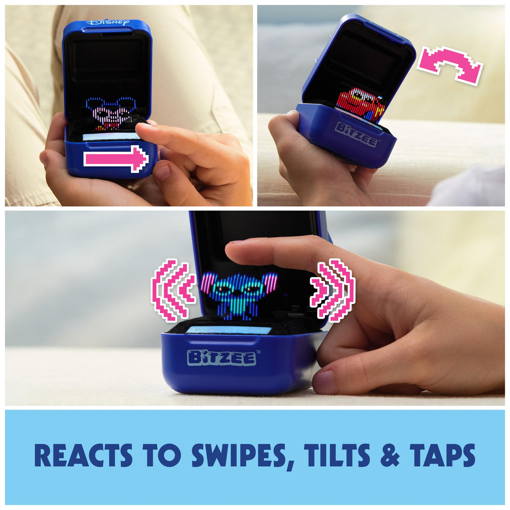 Bitzee Disney pod responds to swipes tilts and taps with sound.