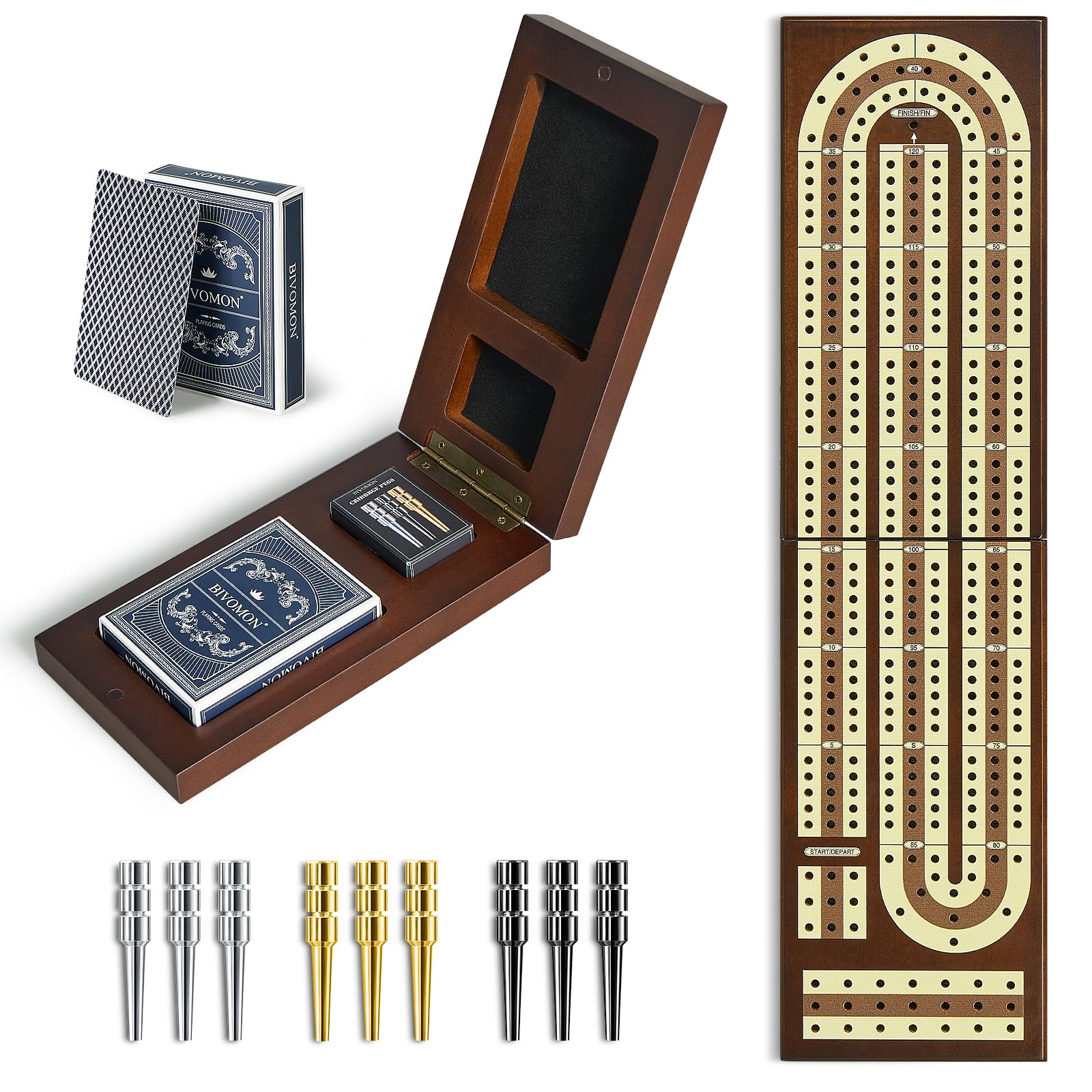 BIVOMON continuous 3-track cribbage layout supports 2–4 players.