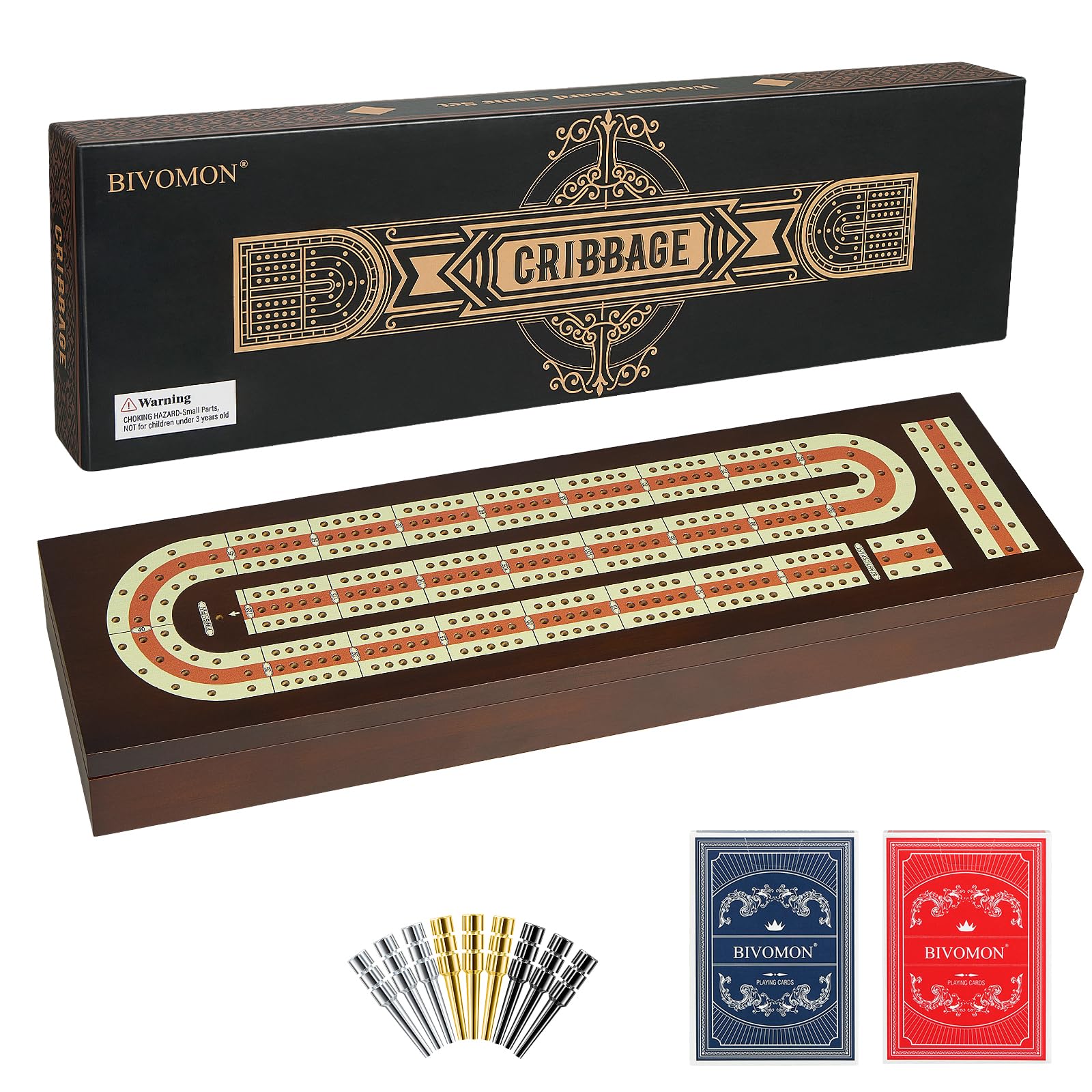 BIVOMON Cribbage board with magnetic lock keeps pieces secure during travel.
