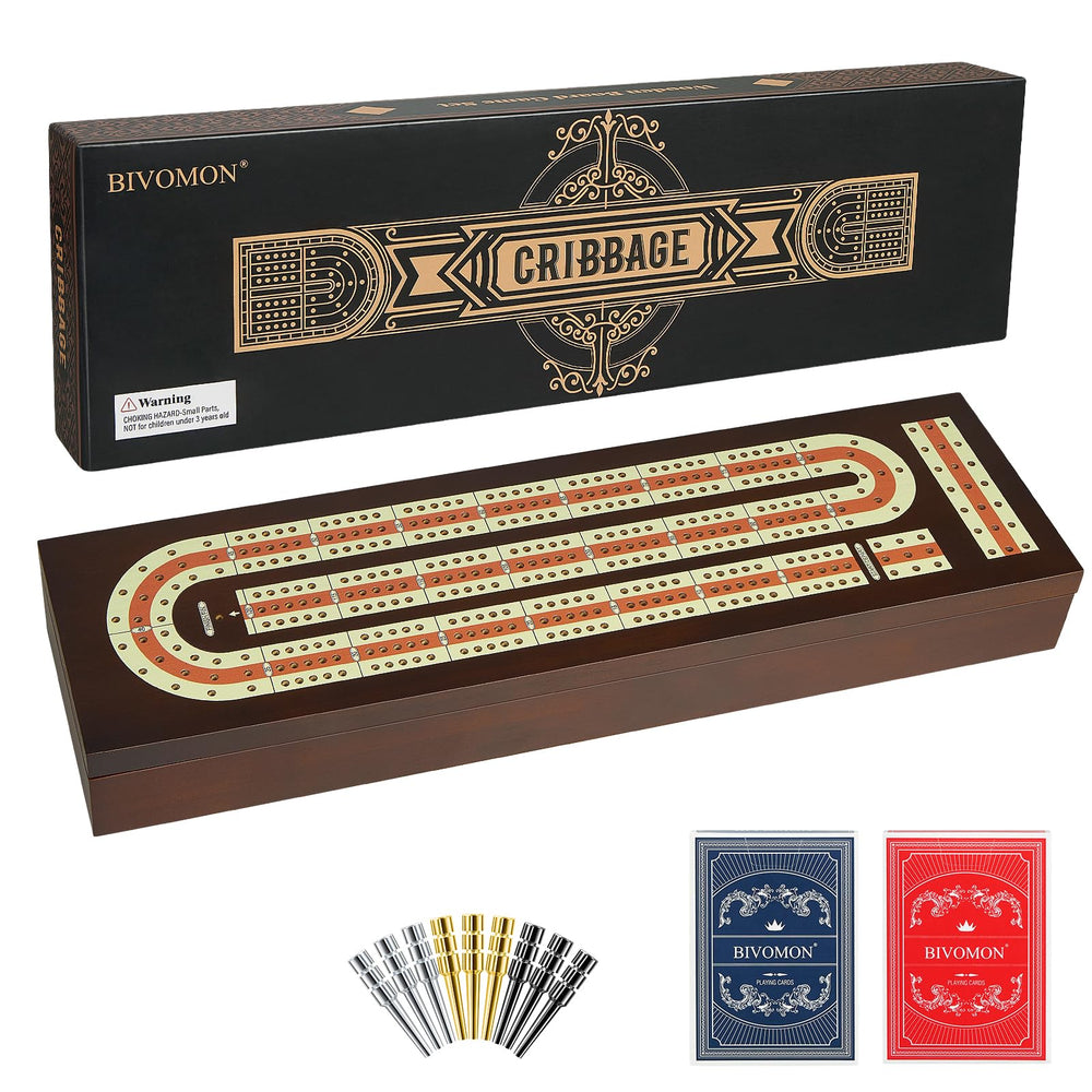 BIVOMON Cribbage board with magnetic lock keeps pieces secure during travel.