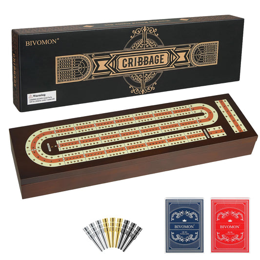 BIVOMON Cribbage board with magnetic lock keeps pieces secure during travel.