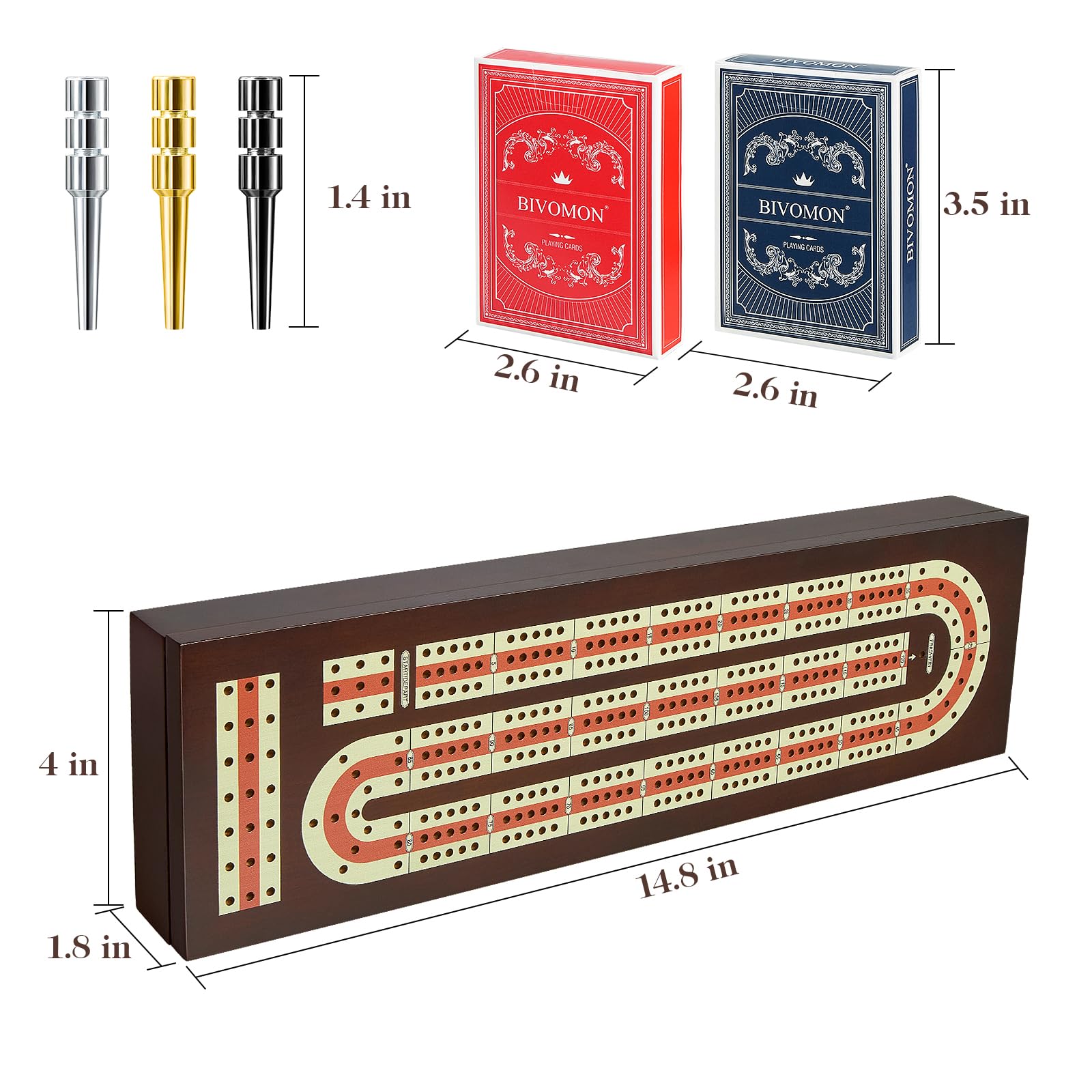 Bright colored BIVOMON cribbage pegs for easy tracking and playful contrasts.