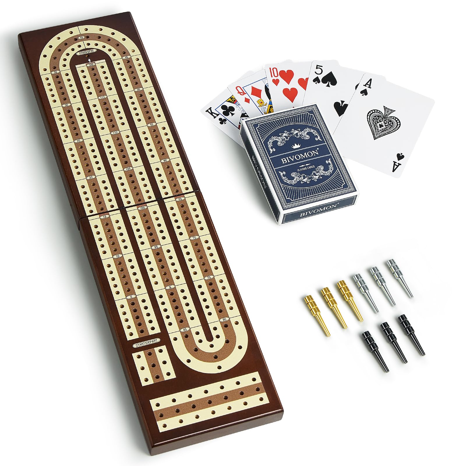 BIVOMON foldable cribbage board open reveals built-in storage and card slot.
