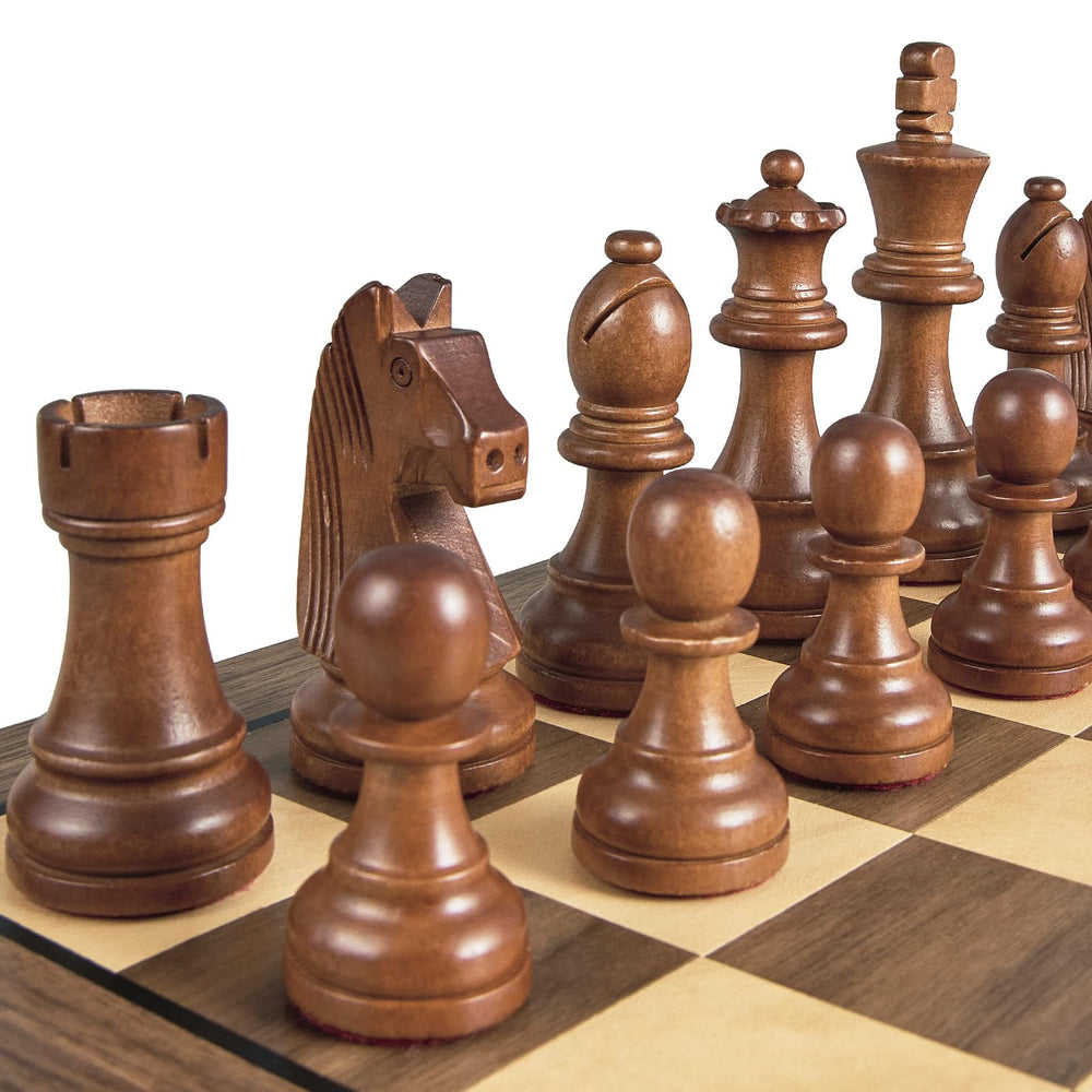 Close view of BIVOMON wood grain finish on chess pieces