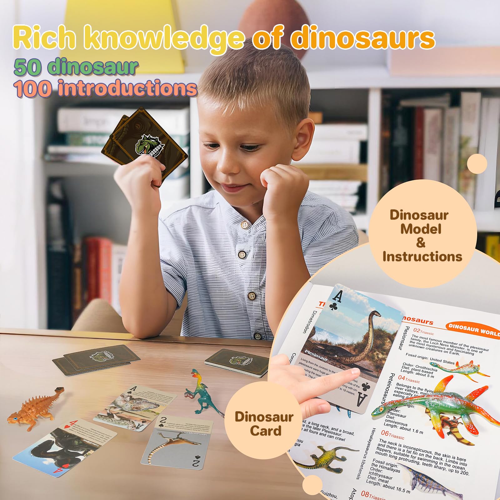 BIWASE dinosaur playing cards featuring photos and brief facts for learning