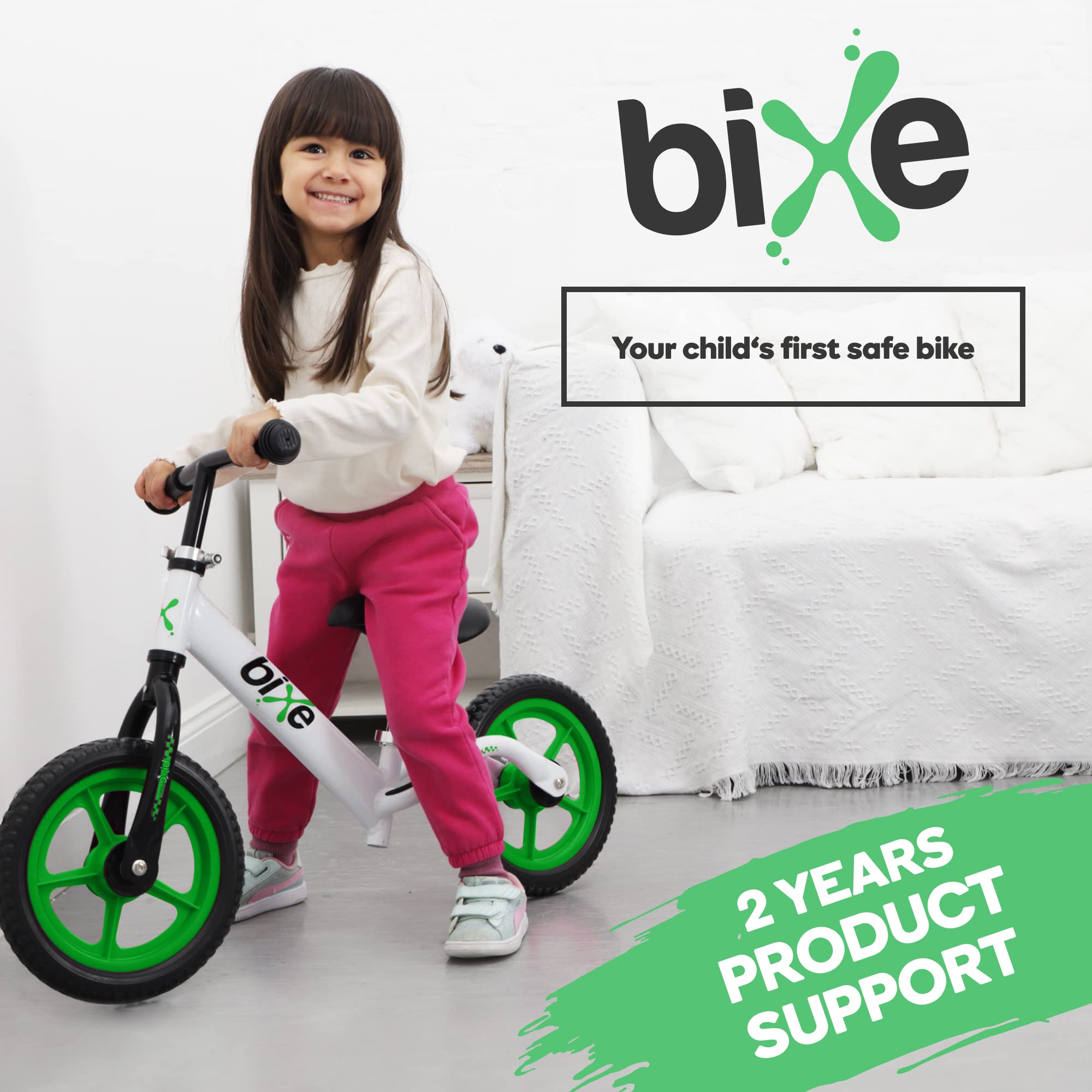 Bixe aluminum balance bike green durability test image conveys long-lasting ride