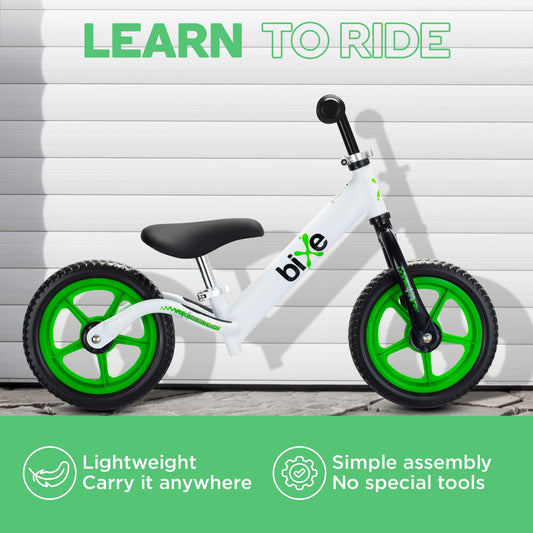 Bixe aluminum balance bike green front view highlights easy steering for beginners