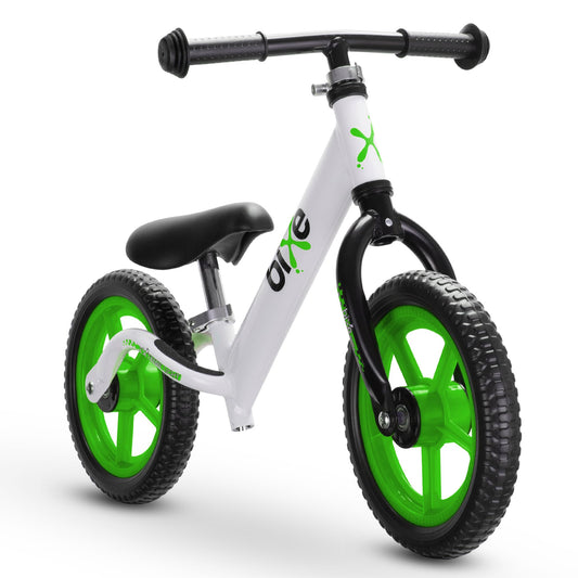 Bixe aluminum balance bike green side view showcases lightweight design for beginners
