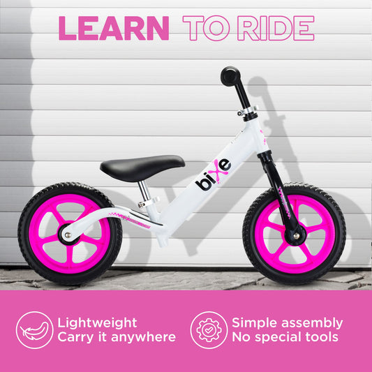 Bixe pink side view balance bike highlights portable, kid-friendly design.