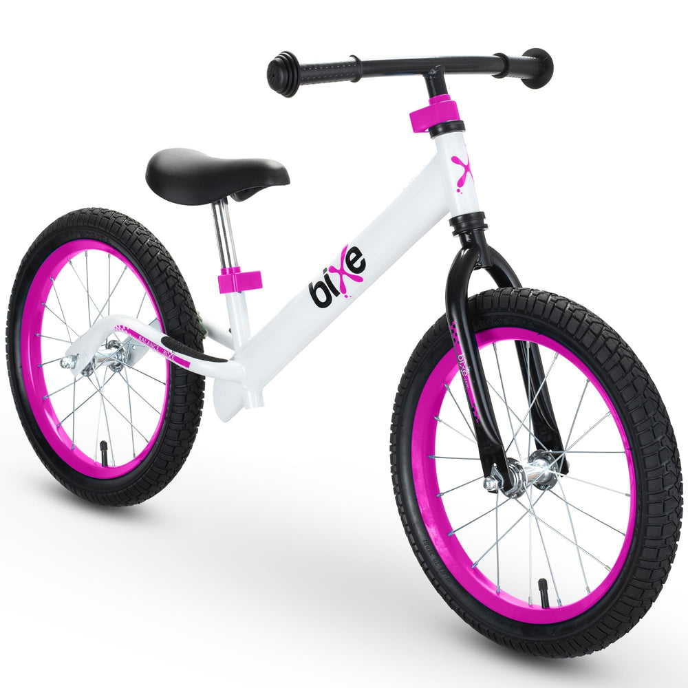 Bixe Balance Bike 16-inch front view in pink shows a beginner-friendly ride.