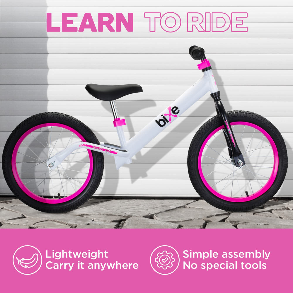 Bixe Balance Bike 16-inch side view highlights stability for new riders.