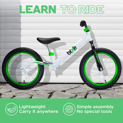 Bixe Balance Bike 16-side view highlights adjustable seat for growing kids.