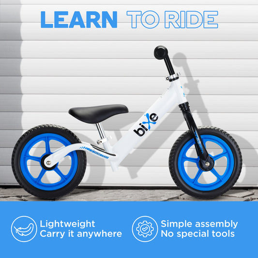 Bixe balance bike blue seat supports comfortable, adjustable seating as kids grow.