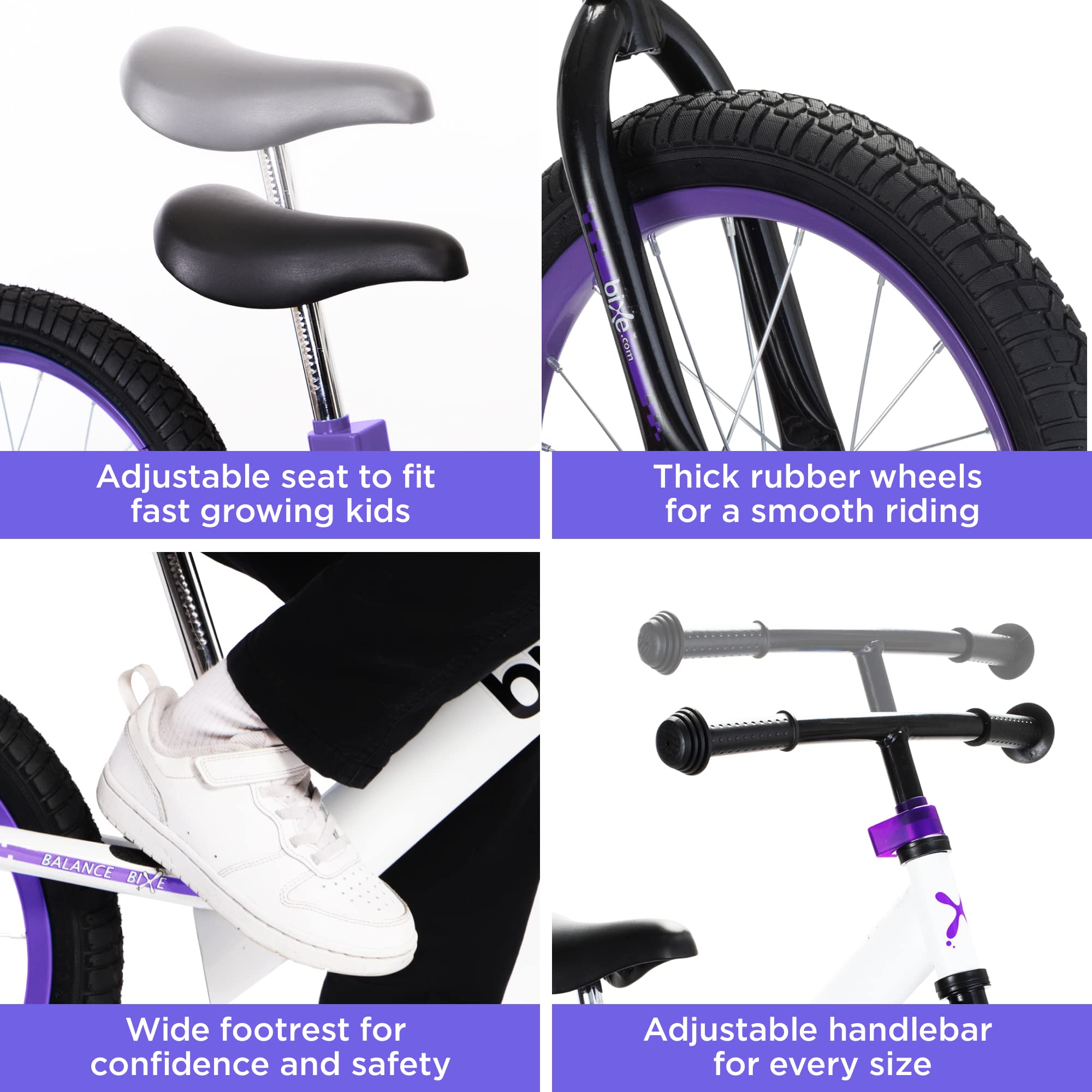 Durable purple frame with tamper-proof clamps on the Bixe bike