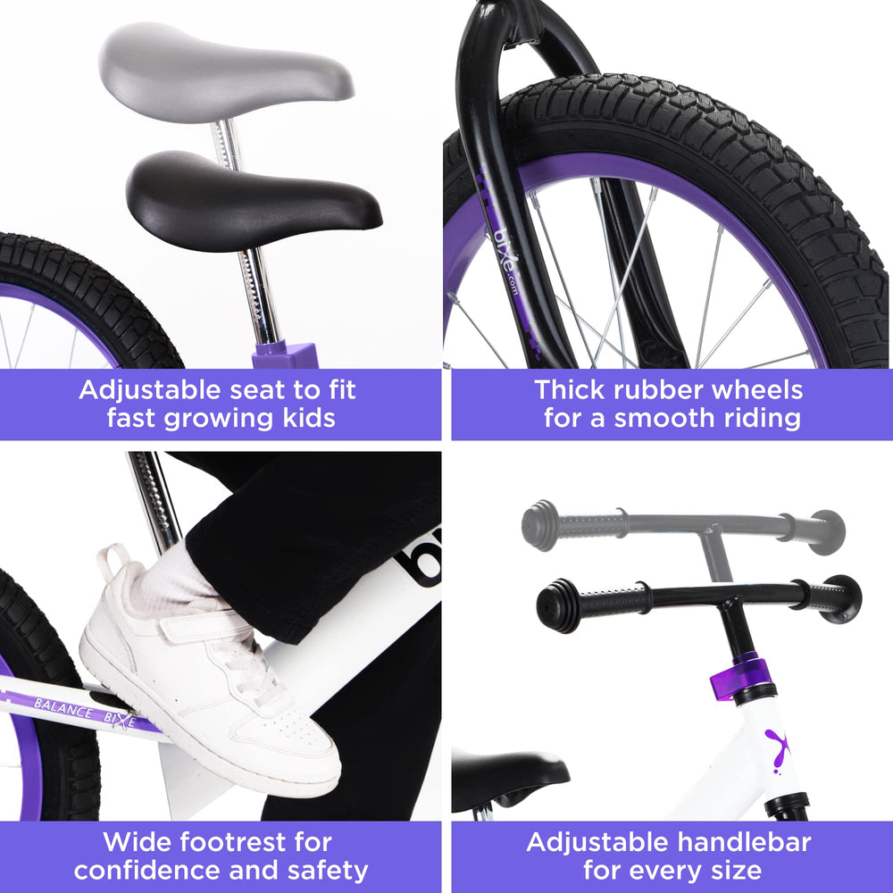 Durable purple frame with tamper-proof clamps on the Bixe bike