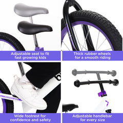 Durable purple frame with tamper-proof clamps on the Bixe bike