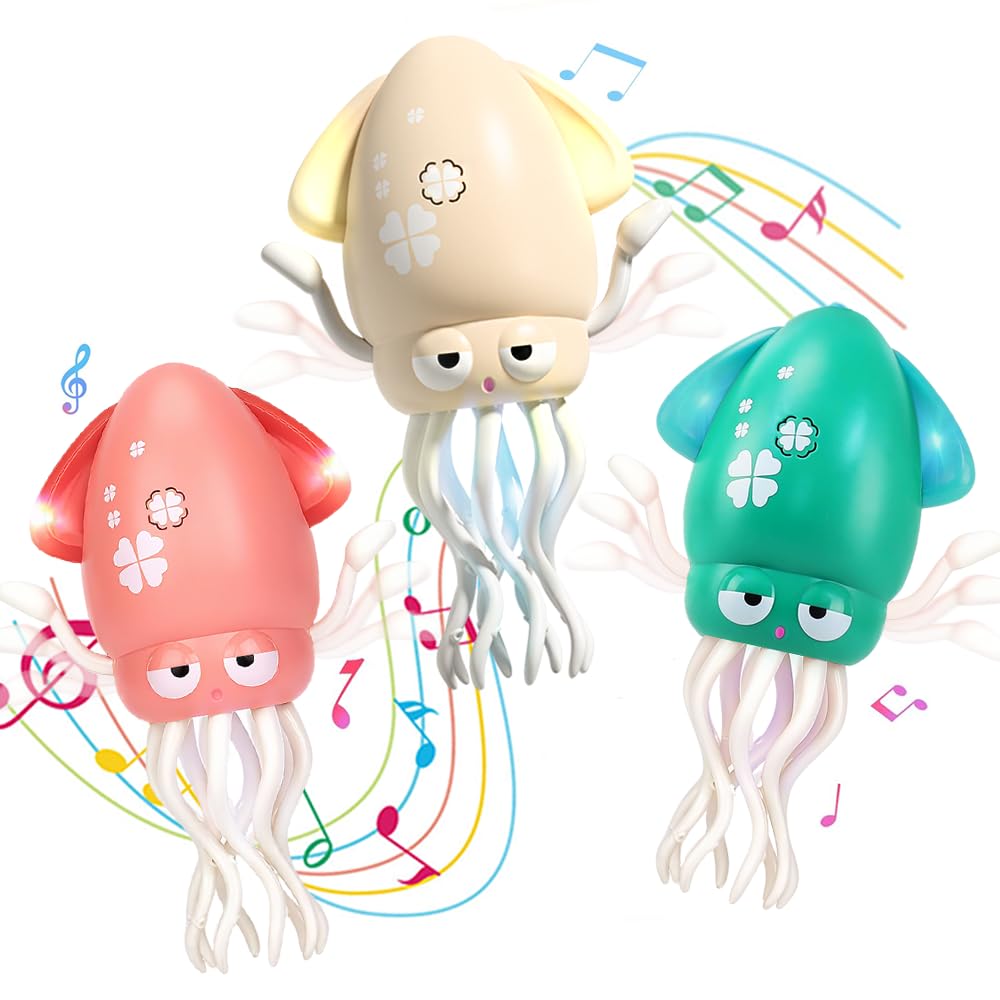 Biyrly 3-pack dancing squid toy with LED lights encourages crawling and exploration.