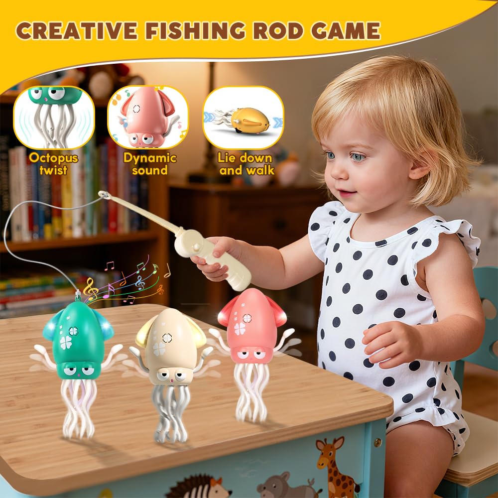 Biyrly squid toy includes a fishing rod game to boost imagination.