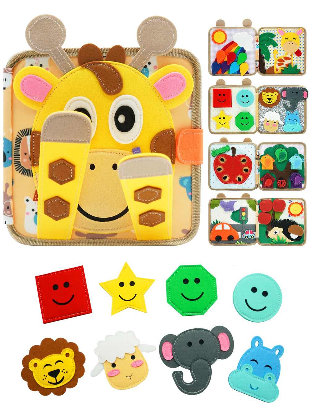 BizyKoady Busy Book giraffe hide-and-seek page boosts focus and fine motor skills.