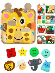 BizyKoady Busy Book giraffe hide-and-seek page boosts focus and fine motor skills.
