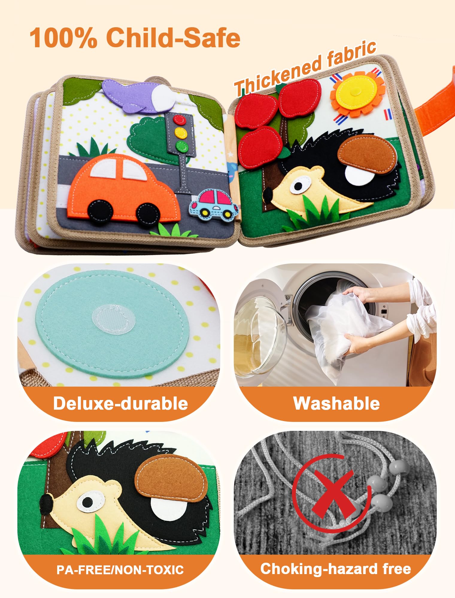 BizyKoady Busy Book soft fabric design provides safe, durable handheld exploration.