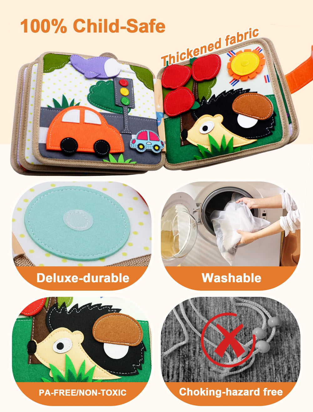 BizyKoady Busy Book soft fabric design provides safe, durable handheld exploration.