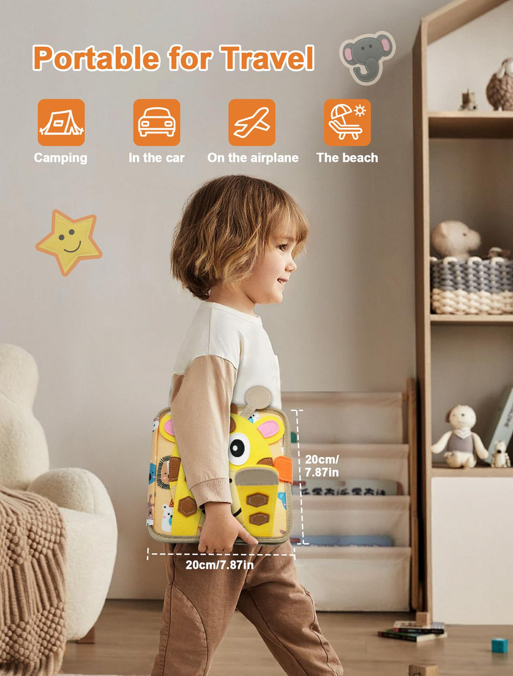 BizyKoady Busy Book travel-friendly design fits car rides and flights for curious kids.