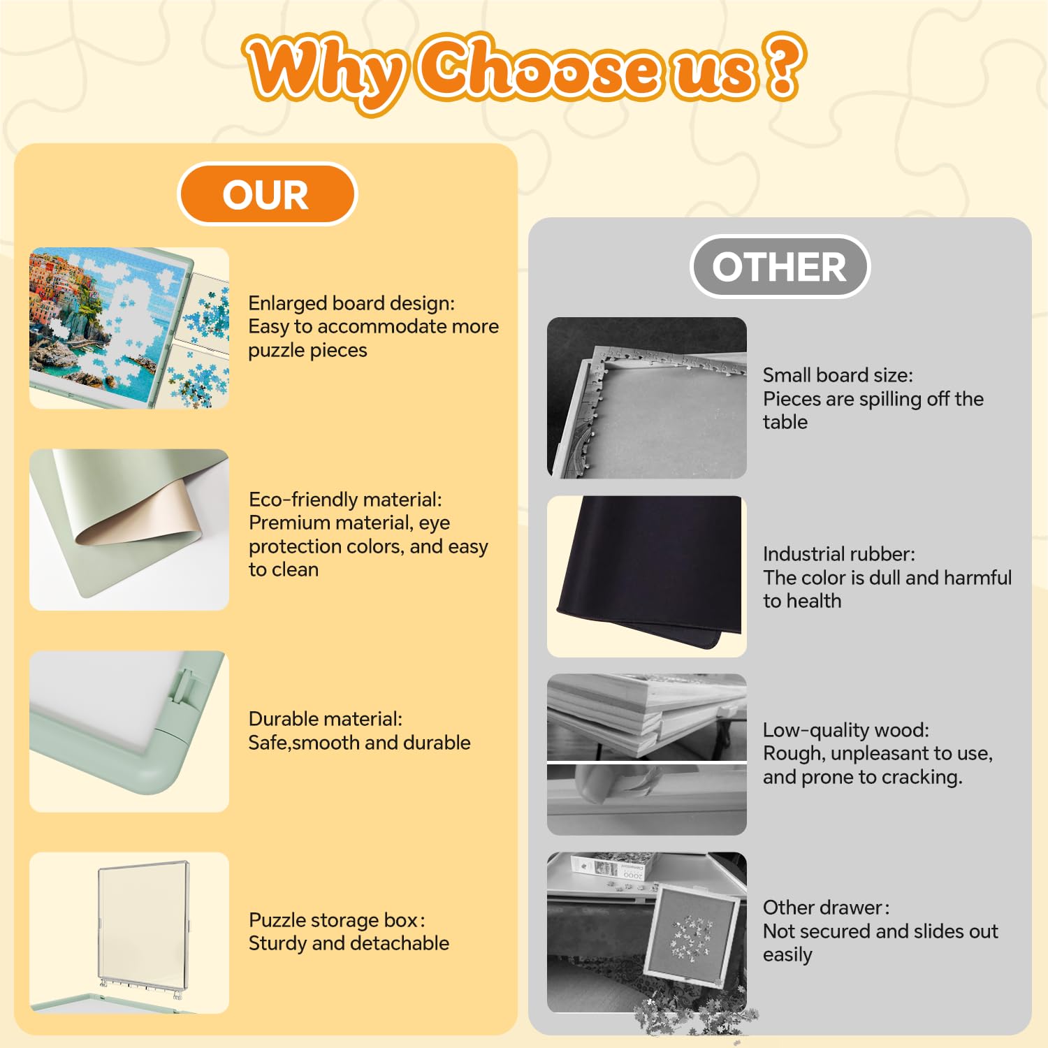 BJPuzT easy-clean plastic surface simplifies cleanup after puzzles and games.
